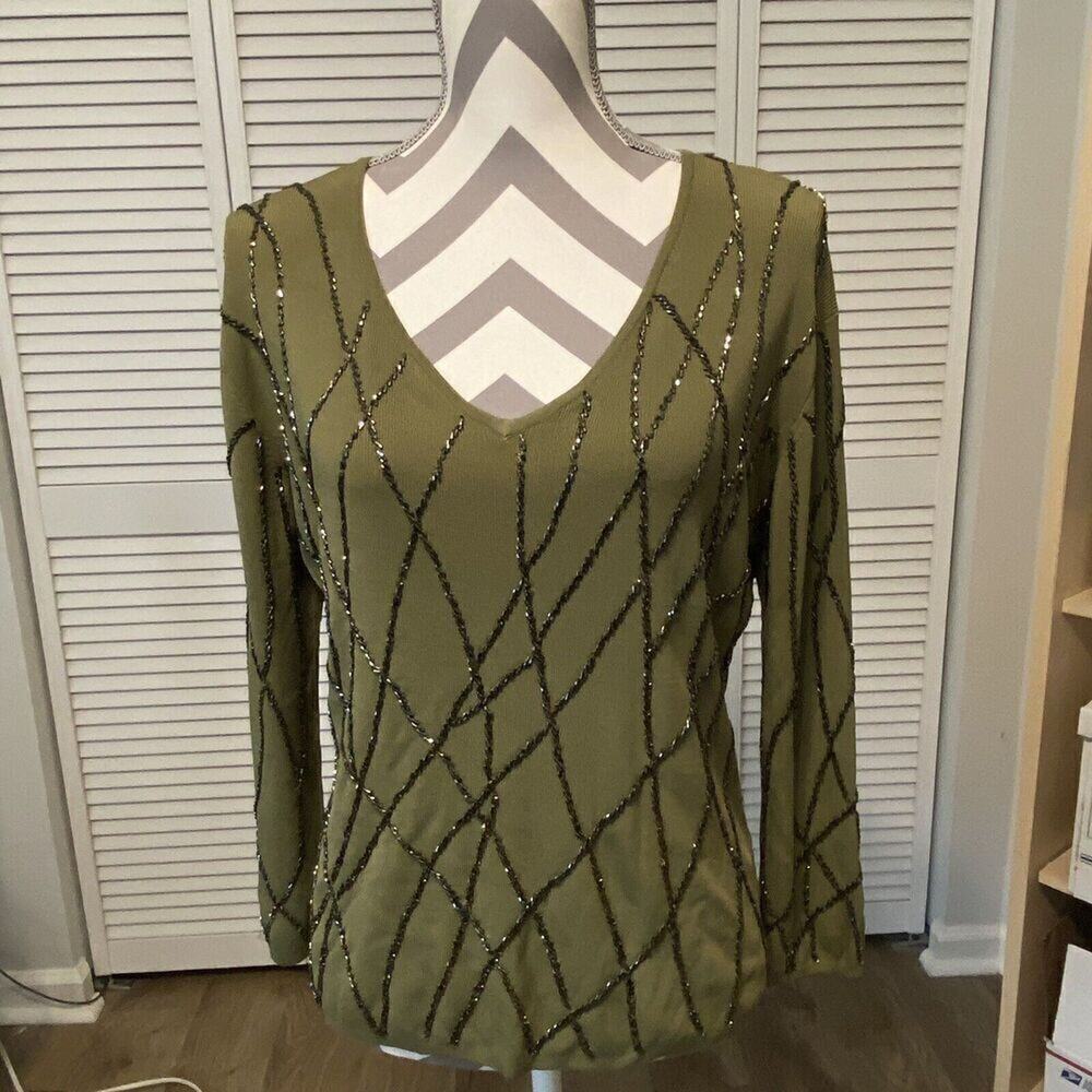 Beaded Vintage Sweater Heavy No Tags Olive Green V Neck Beautiful Silk?
